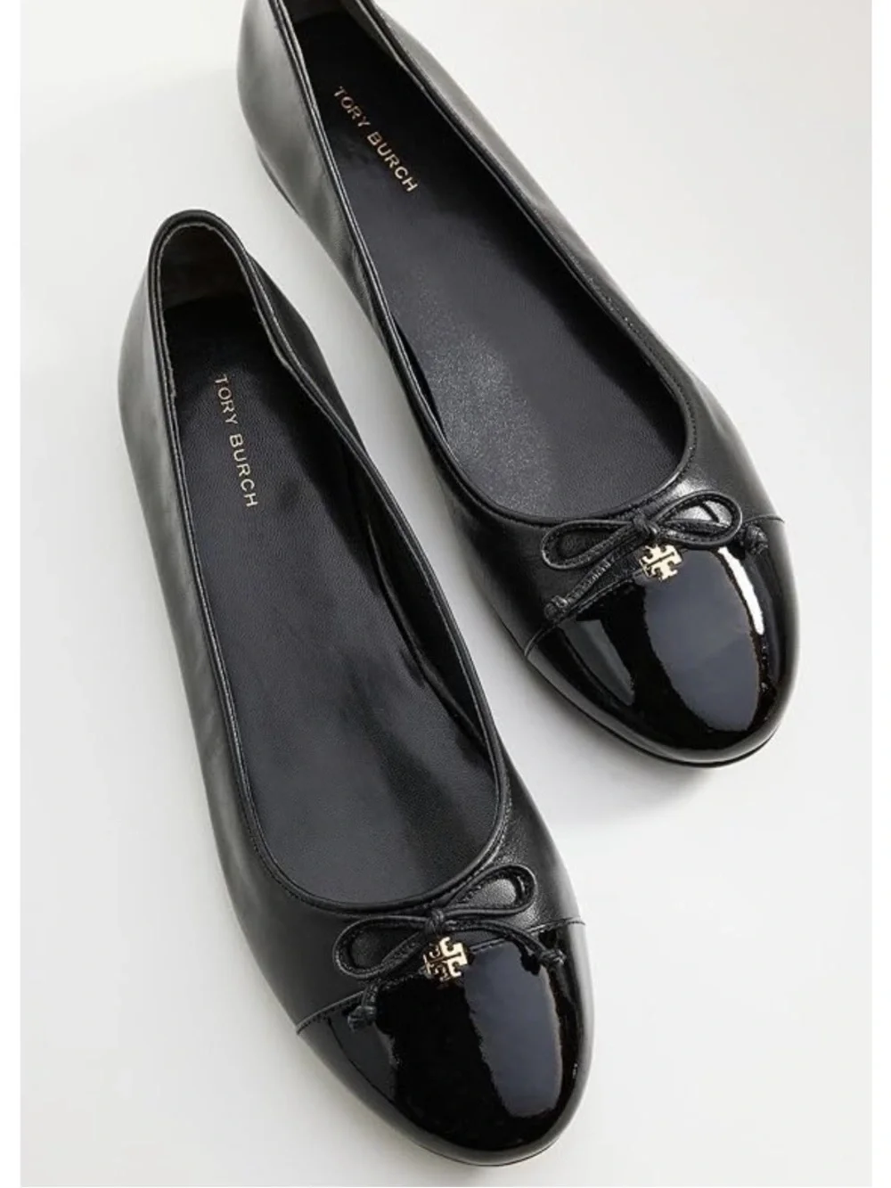 Tory Burch Patent Leather Cap Toe Bow Ballet Flats in Perfect Black 7.5